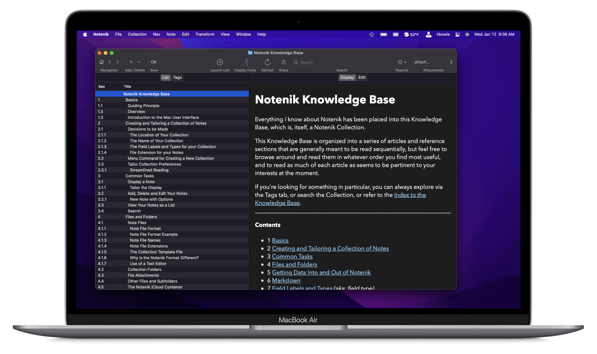 Notenik running on a MacBook Air